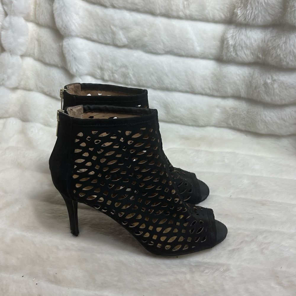 Thalia Sodi Black laser cut faux suede ankle boots peep toe bag zipper si…